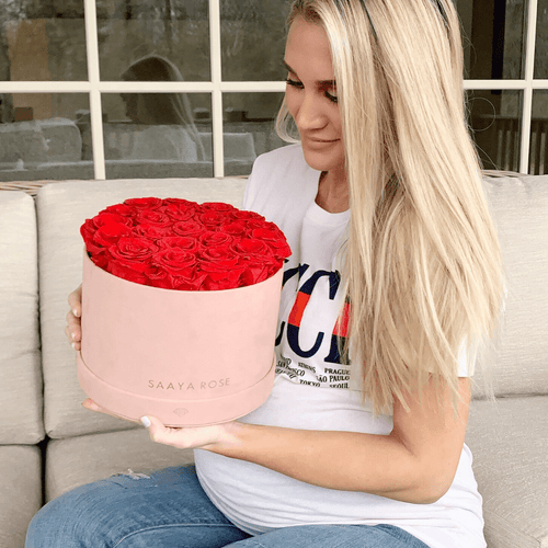 Medium Round Pink Suede Box (Red Roses)